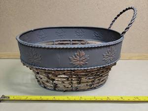 lot 19414 image: Rustic Metal and Wicker Decorative Basket with Maple Leaf Design