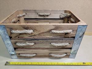 lot 19415 image: Vintage Industrial Wooden Storage Crate with Rope Handles
