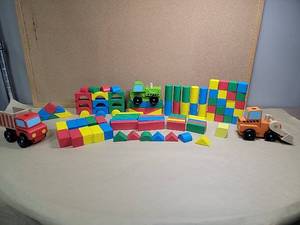 lot 19425 image: Vintage Wooden Construction Vehicle and Building Block Set