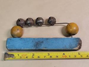 lot 19435 image: Vintage Sleigh Bells on Blue Wooden Base