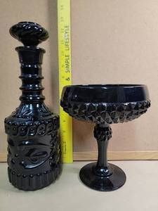 lot 30023 image: Vintage Black Glass Decanter Set with Diamond Pattern