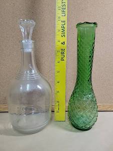 lot 30050 image: Vintage Glass Decanter with Green Vase