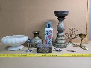 lot 30054 image: Vintage Milk Glass Console Bowl with Decorative Accessories