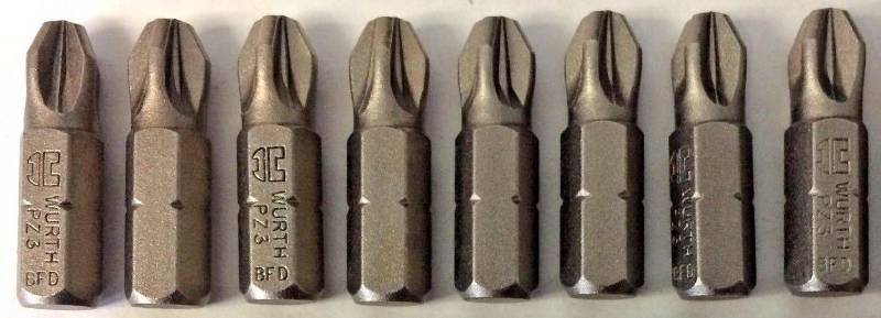 lot 6499 image: New set of 8 Wurth by Bosch #3 PZ3 Phillips Insert Screw Tips Made in the USA