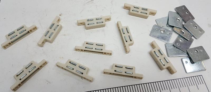 lot 6497 image: 10 new sets of the cabinet door magnetic locks.  A set includes the 4 contact magnet and the plated steel for the magnets to lock on.