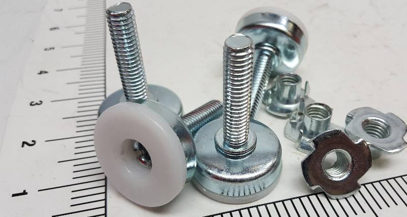 lot 6502 image: New set of 4 base Teflon Plastic slides or leg floor protectors with 38 threads and wood inserts for attaching