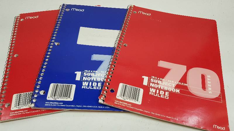 lot 5369 image: 3 like new Mead brand 70 sheet notebooks.  Might have the first few pages missing.