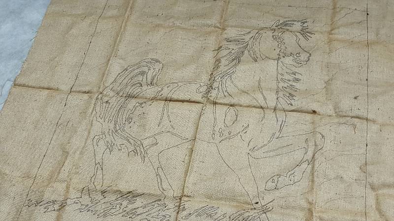 lot 5414 image: Wild 50 X 50 square of burlap with a beautiful horse drawing laid out for a talented embroiderer