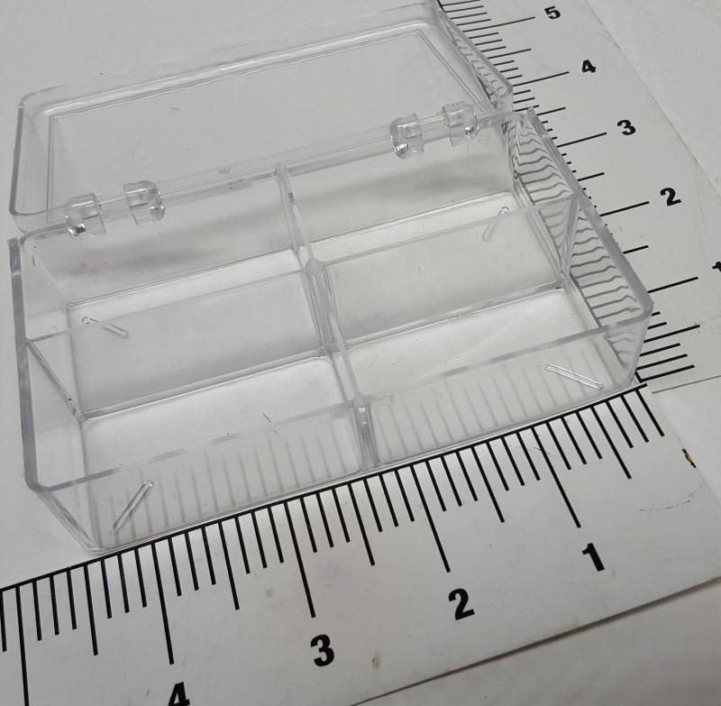 lot 5649 image: NEW Cool small component parts organizer with hinged lid, snap top & 4 compartments.