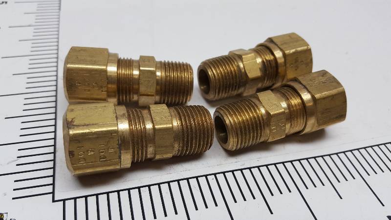 lot 6770 image: Set of 4 new brass 38 pipe to 38 ID stainless or metal tubing with compression sleeve