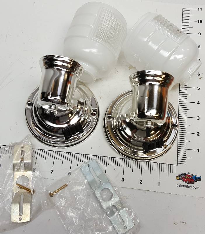 lot 6221 image: Pair of new Bathroom Light Sconces with chrome base and real glass (crystal look) covers.