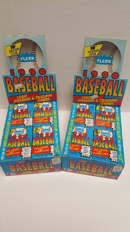 lot 1253 image: 1990 Fleer Baseball Unopened Wax Pack Box Lot 72 Total w Sammy Sosa Rookie & Team Stickers
