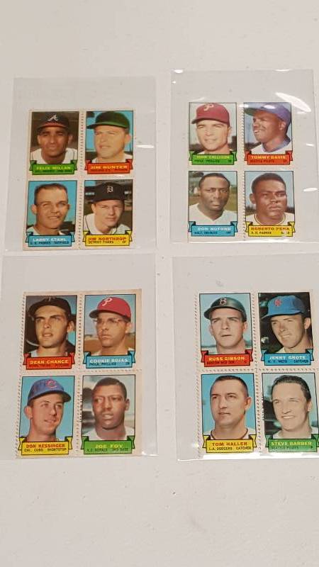 lot 1125 image: 1969 Topps Baseball Card Stamps Uncut Panel Lot of 4 Rare w Catfish Hunter & Cookie Rojas