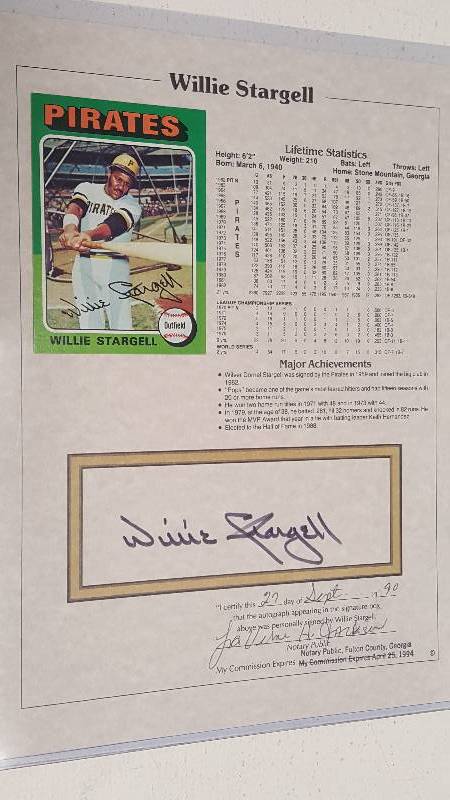 lot 1166 image: Willie Stargell Autographed HOF Stat Sheet Notarized COA 1990 Pittsburgh Pirates