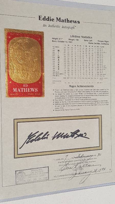 lot 1168 image: Eddie Mathews Autographed HOF Stat Sheet Notarized COA 1990 Braves
