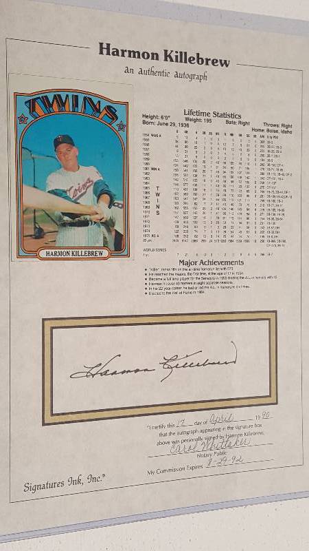 lot 1169 image: Harmon Killebrew Autographed HOF Stat Sheet Notarized COA 1990 Twins