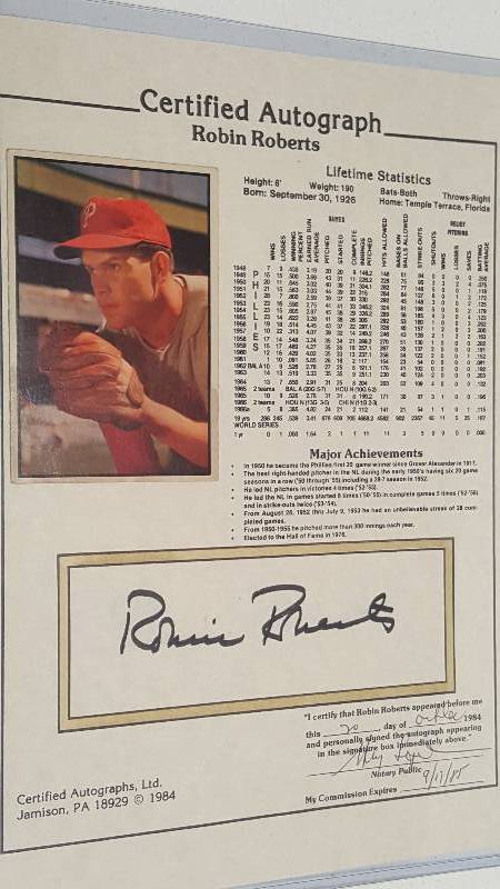lot 1170 image: Robin Roberts Autographed HOF Stat Sheet Notarized COA 1984 Phillies