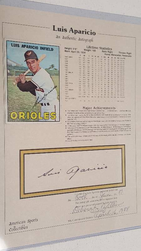 lot 1171 image: Luis Aparicio Autographed HOF Stat Sheet Notarized COA 1987 Chicago White Sox