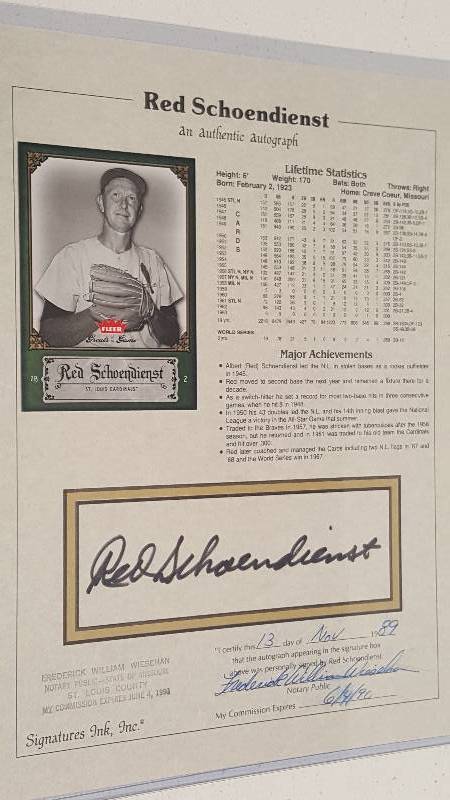 lot 1172 image: Red Schoendienst Autographed HOF Stat Sheet Notarized COA 1989 St. Louis Cardinals