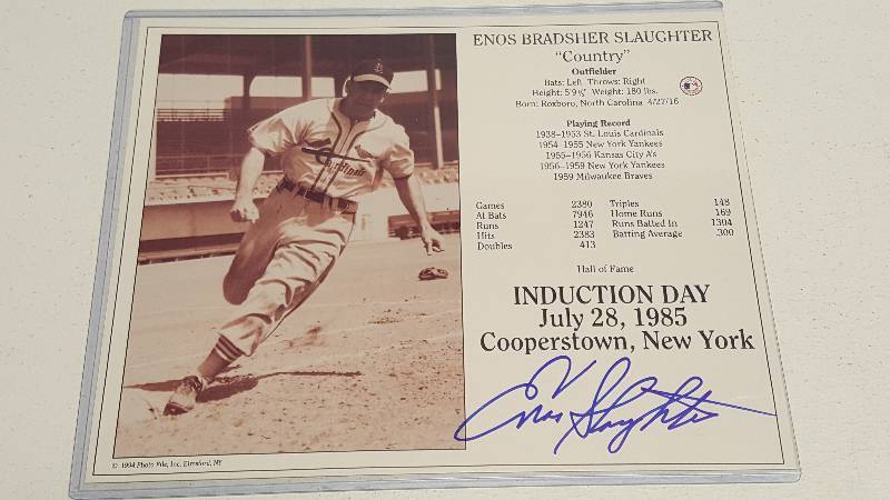 lot 1173 image: Enos Slaughter Autographed HOF Stat Sheet 1985 St. Louis Cardinals w COA