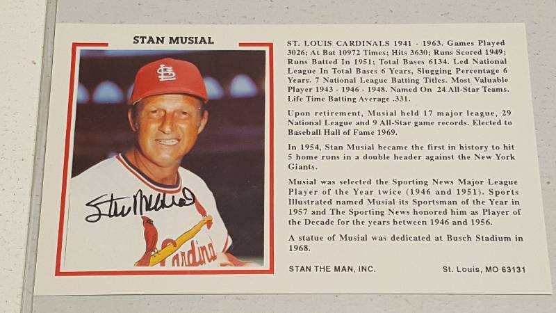 lot 1175 image: Stan The Man Musial Autographed Bio Business Card St. Louis Cardinals HOFer