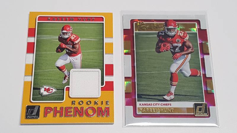 lot 1189 image: 2017 Donruss Kareem Hunt Kansas City Chiefs Jersey Relic Rookie Football Card  Bonus