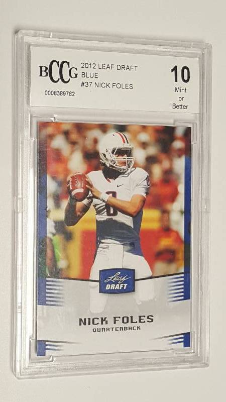 lot 1204 image: Nick Foles 2012 Leaf Draft Rookie Card Blue Parallel Graded Beckett BCCG 10 Mint