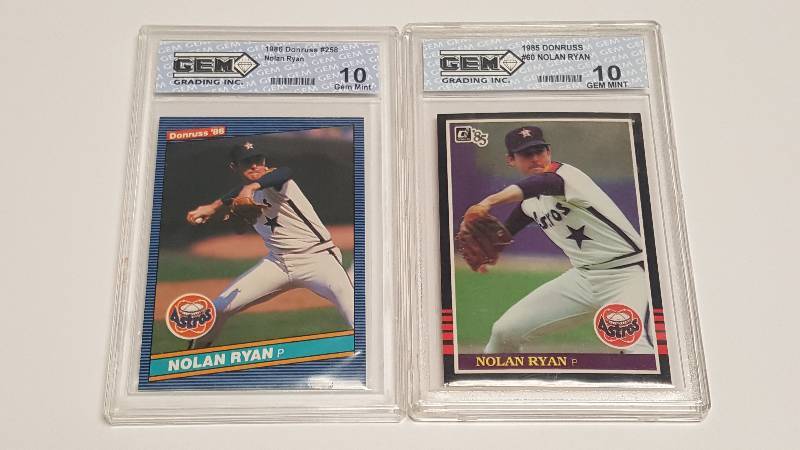lot 1213 image: 1985 & 1986 Donruss Nolan Ryan Baseball Cards Graded GEM Mint