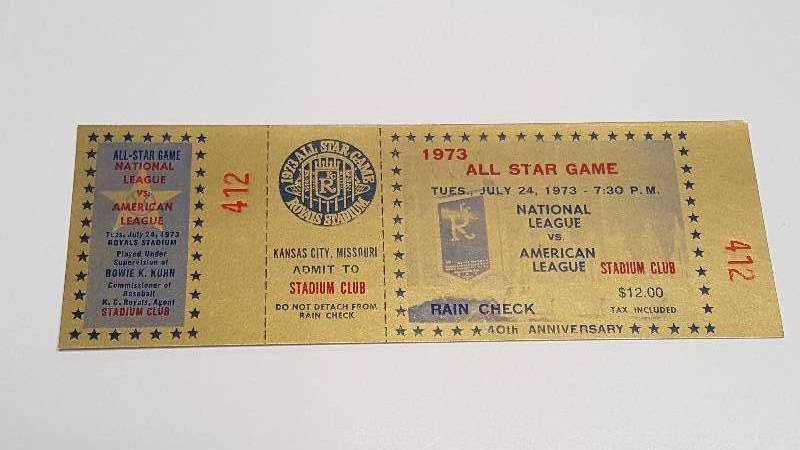 lot 1222 image: 1973 MLB All-Star Game Ticket Kansas City Royals Stadium Club Rare Gold Premium