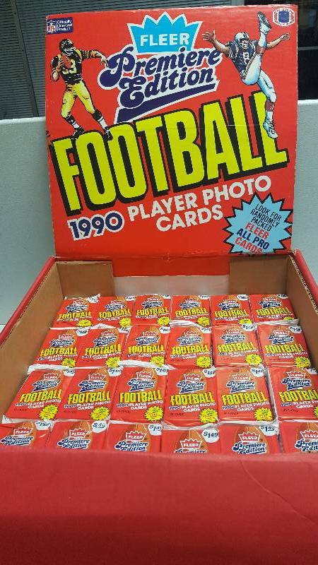 lot 1259 image: 1990 Fleer Football Unopened Jumbo Wax Pack Vendor Display Box 144 Total w HOF All-Pro Inserts