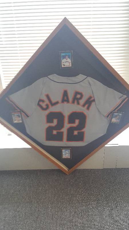 lot 1281 image: Will Clark Framed Rawlings Authentic MLB Jersey & Rookie Baseball Cards