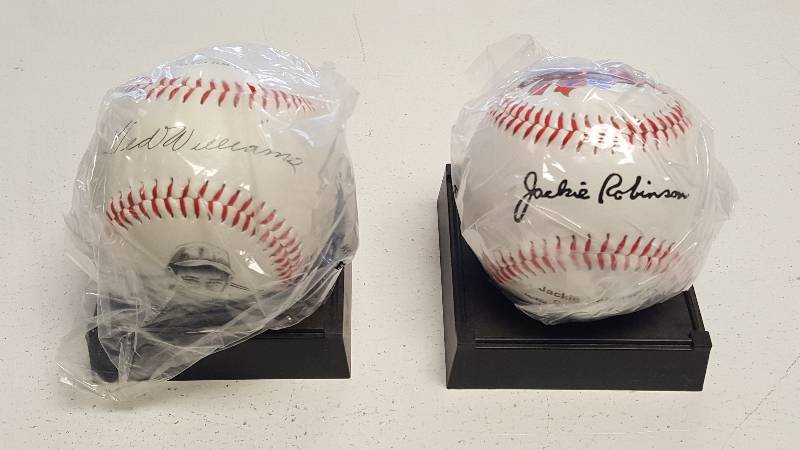 lot 1291 image: Ted Williams & Jackie Robinson Commemorative Baseball Lot Replica Sweet Spot Signatures