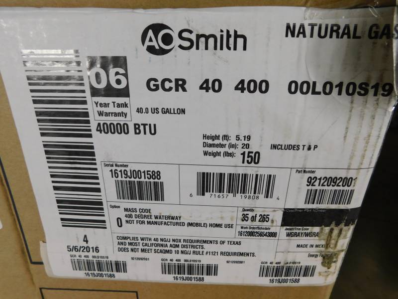 AO Smith GCR-40 - 40 Gal - 40000 BTU ProMax Hot Water Heater | Huge  Undelivered Freight Auction ~ Air Compressors ~ Water Heaters ~ Outdoor  Furniture And More | Equip-Bid