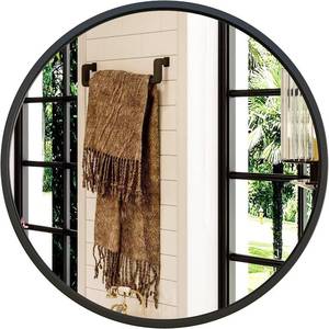 lot 19372 image: Growsun 28 Black Round Mirror for Bathroom, Circle Bathroom Mirror for Wall, Entryway Living Room with Metal Frame for Home Decor