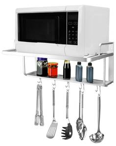 lot 19396 image: QWORK Microwave Oven Rack Shelf, Wall Mount Electric Oven Holders, Aluminum Double-Layer Microwave & Spice Rack, 2 Shelves with 10 Hooks, Support Load 88lbs, 21.65x15x9.84