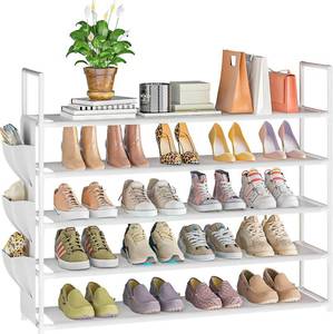 lot 19427 image: OYREL 5 Tier Shoe Organizer, 33.3in Wide x 11.2in Deep x 35.6in Tall, Black Metal and Plastic Shoe Rack with Side Bag, Holds 20-25 Pairs of Shoes