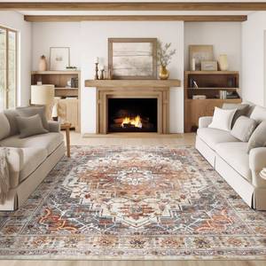 lot 19431 image: befbee 9x12 Area Rugs for Living Room,Ultra-Thin Washable Rug, Non-Slip Lightweight Foldable Area Rug, Stain Resistant Vintage Large Rugs(TurmericGrey, 9x12)