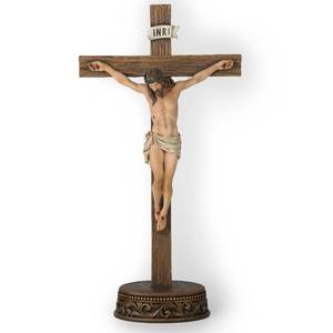 lot 19444 image: BC Catholic Crucifix Standing Cross, Jesus Christ Tabletop Home Decor, Religious Gift, Wood Carve Look, Realistic Color Finish, 15 H Renaissance Sculpture Hand Painted by Buildclassic