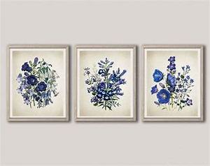 lot 19386 image: Blue Botanical Wall Art Canvas Prints - Set of 3