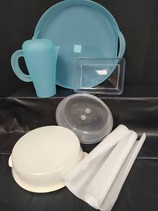lot 101 image: Vintage Plastic Kitchenware - Turquoise Pitcher, Serving Tray and Storage Containers