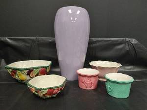 lot 109 image: Decorative Ceramic Collection - Fruit Pattern Bowls, Teapot Planters & Lavender Vase