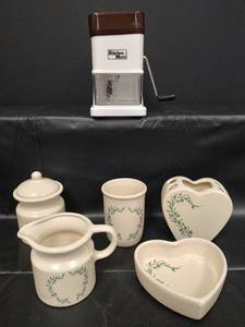 lot 112 image: Vintage Kitchen Mate Manual Nut Chopper & Ceramic Heart Pattern Kitchen Set