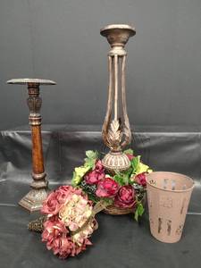 lot 127 image: Decorative Home Accent Collection - Candlesticks, Floral Arrangements and Metal Votive