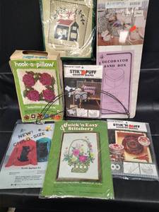 lot 132 image: Vintage Craft Kit Collection - Hook-a-Pillow, Stitchery, Quilt & Decorative Kits