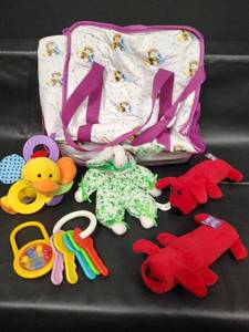 lot 134 image: Baby Toy Bundle with Diaper Bag - Teethers, Plush Animals and Accessories
