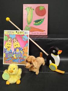lot 143 image: Vintage Childrens Toy Collection - Puzzles, Plush Animals and Push Toy