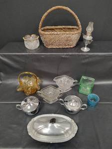 lot 153 image: Vintage Glass and Silver-Plate Serving Collection with Decorative Basket