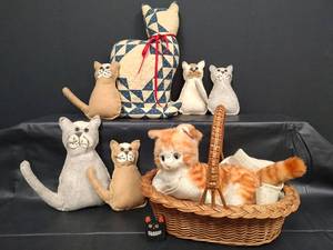 lot 159 image: Vintage Cat Plush Collection with Quilted Cat Pillow and Wicker Basket