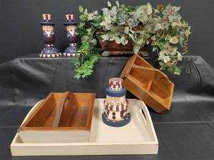 lot 162 image: Patriotic Decor Set - Uncle Sam Figurines, Wooden Organizers and Artificial Plant