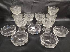 lot 168 image: Vintage Cut Glass Dessert Set - 8 Pedestal Dessert and 4 Octagonal Bowls